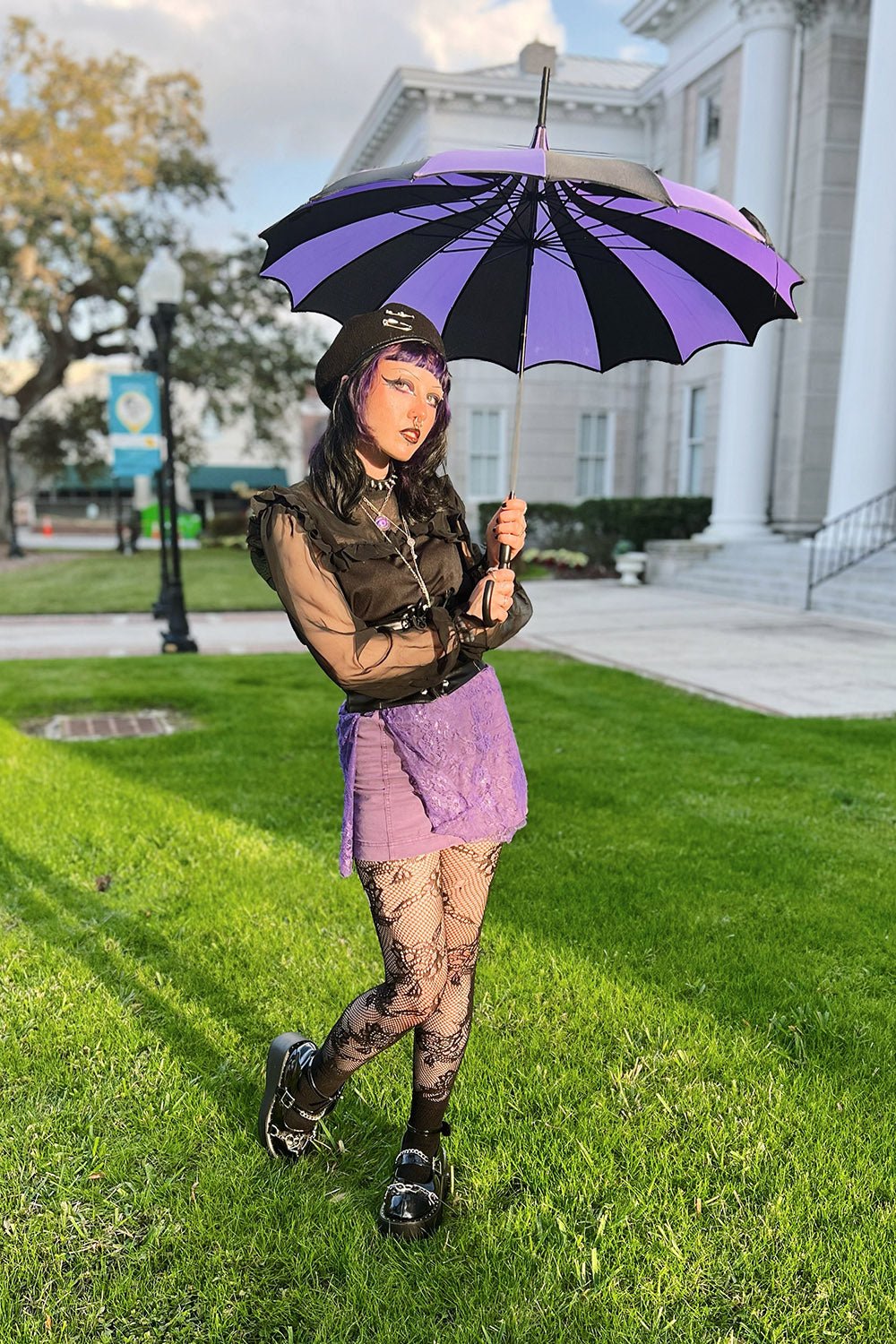 Batwing Pagoda Umbrella [BLACK/PURPLE STRIPED] - umbrellas - VampireFreaks - VampireFreaks