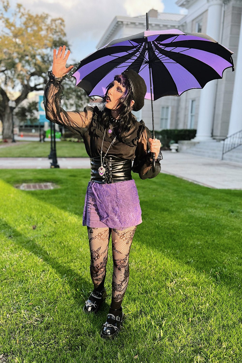 Batwing Pagoda Umbrella [BLACK/PURPLE STRIPED] - umbrellas - VampireFreaks - VampireFreaks