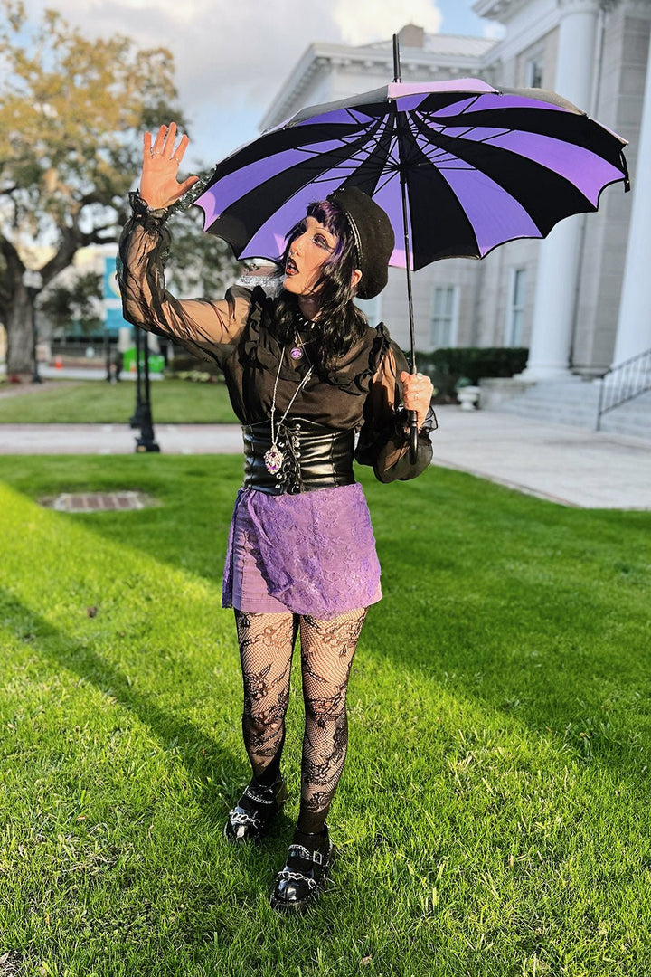 Batwing Pagoda Umbrella [BLACK/PURPLE STRIPED] - umbrellas - VampireFreaks - VampireFreaks