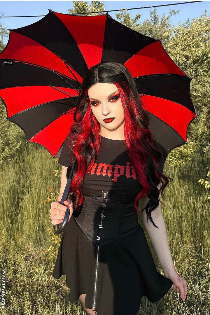 Batwing Pagoda Umbrella [BLACK/RED STRIPED] - umbrellas - VampireFreaks - VampireFreaks