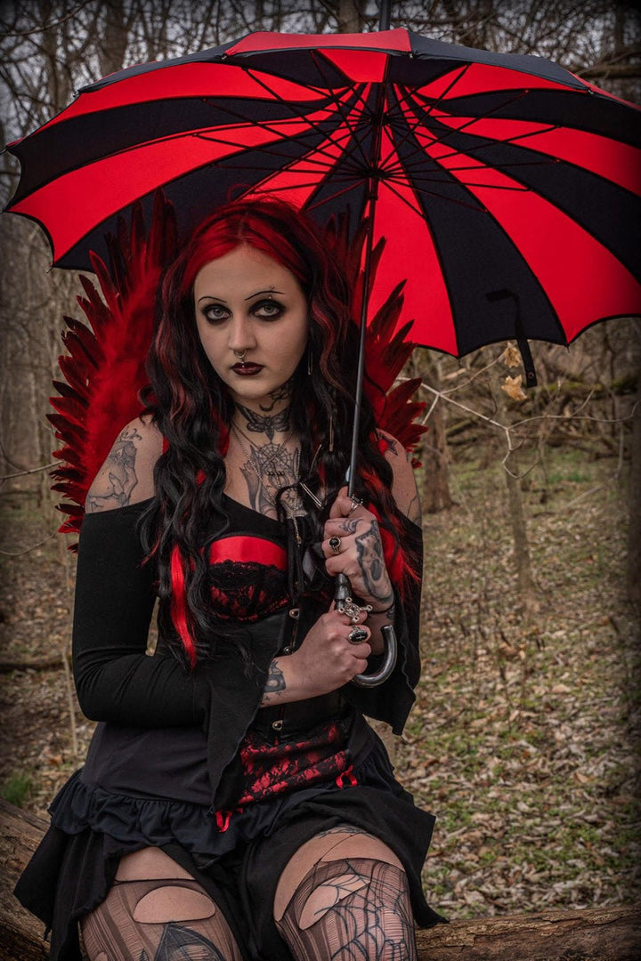 Batwing Pagoda Umbrella [BLACK/RED STRIPED] - umbrellas - VampireFreaks - VampireFreaks