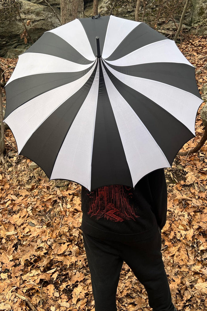 Batwing Pagoda Umbrella [BLACK/WHITE STRIPED] - umbrellas - VampireFreaks - VampireFreaks