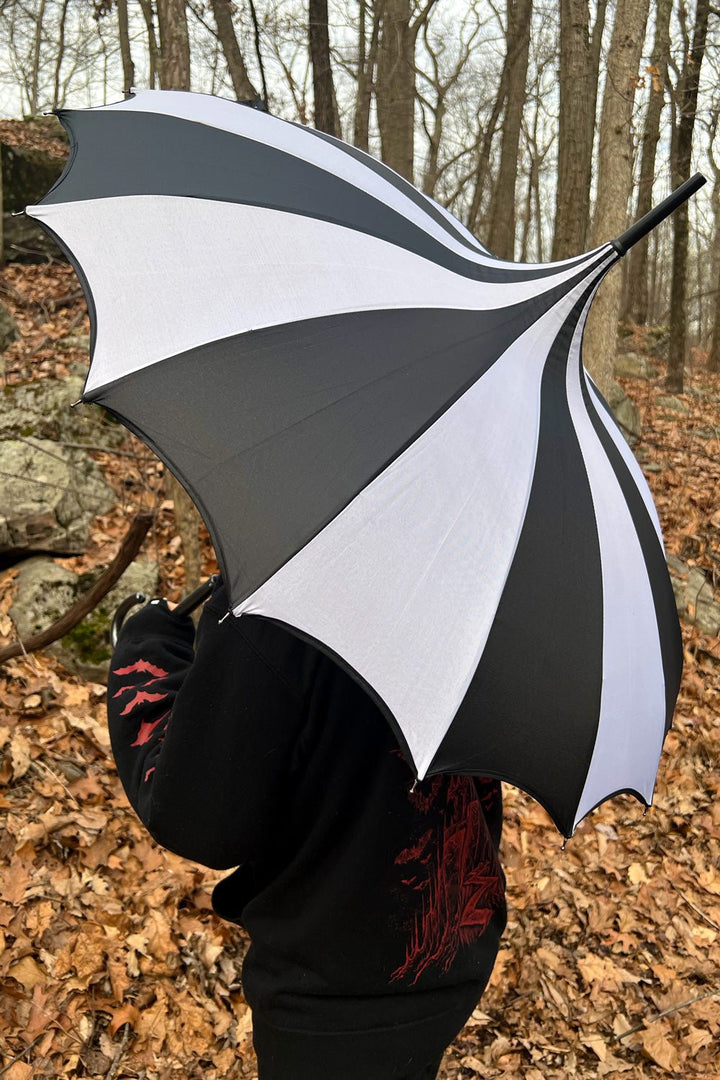 Batwing Pagoda Umbrella [BLACK/WHITE STRIPED] - umbrellas - VampireFreaks - VampireFreaks