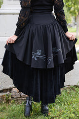 vintage gothic black layered high low hem skirt with gray embroidered roses and thorns