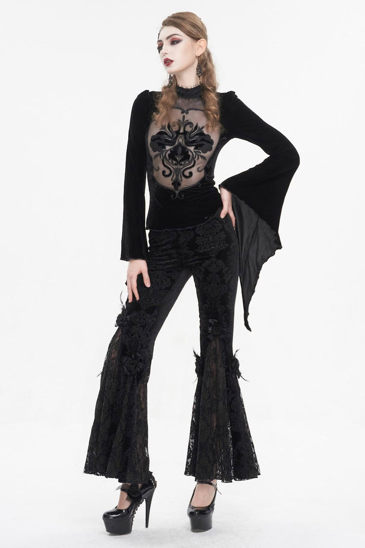 black flared bell bottoms with flowers and feathers