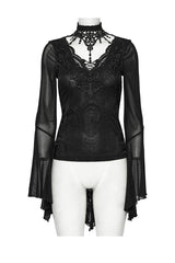 lace Jacquard top with attached embroidered collar and mesh sleeves