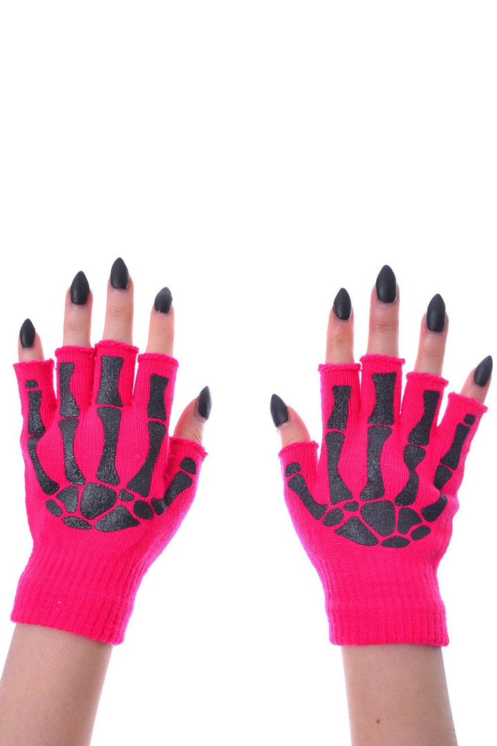 BGS Fingerless Skeleton Gloves [PINK] - gloves & armwarmers - VampireFreaks - Poizen Industries