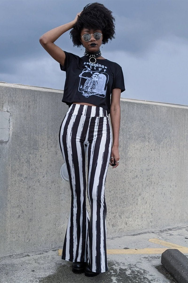 Black and White Striped Hellz Bellz Flares [BLACK/WHITE] - womens bottoms - VampireFreaks - Too Fast