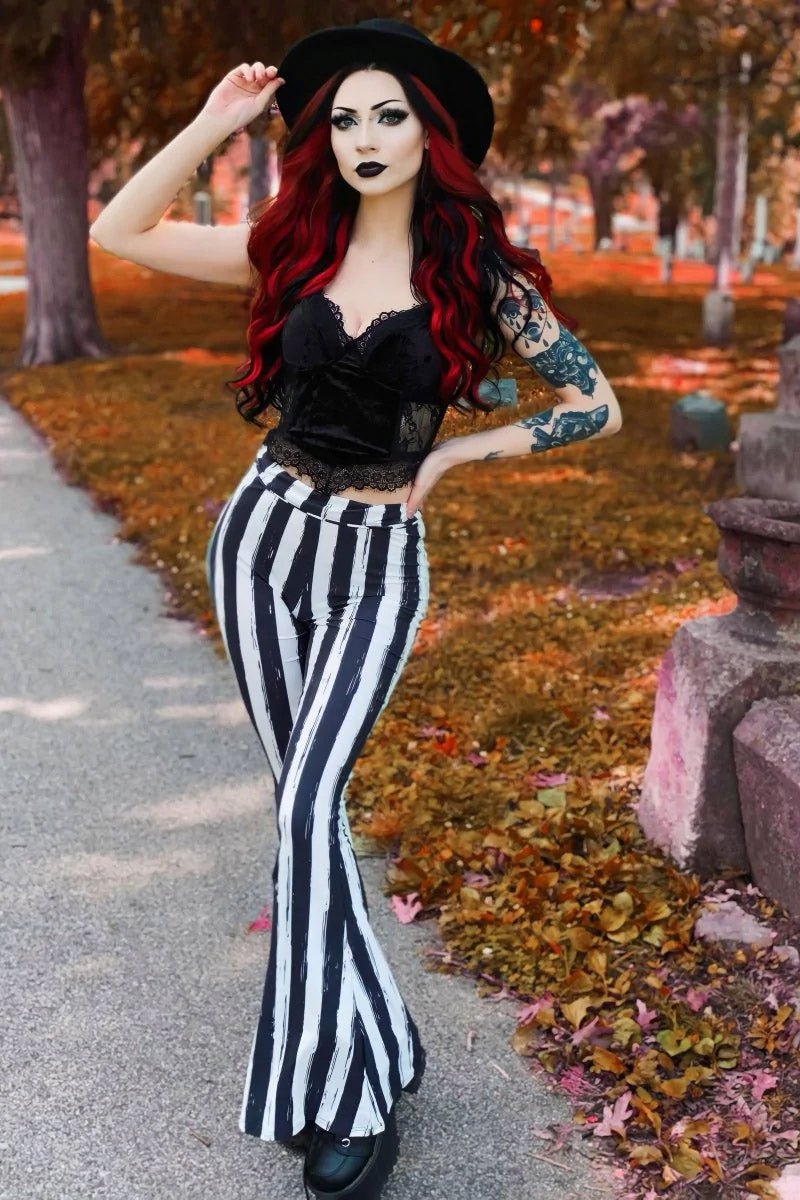 Black and White Striped Hellz Bellz Flares [BLACK/WHITE] - womens bottoms - VampireFreaks - Too Fast