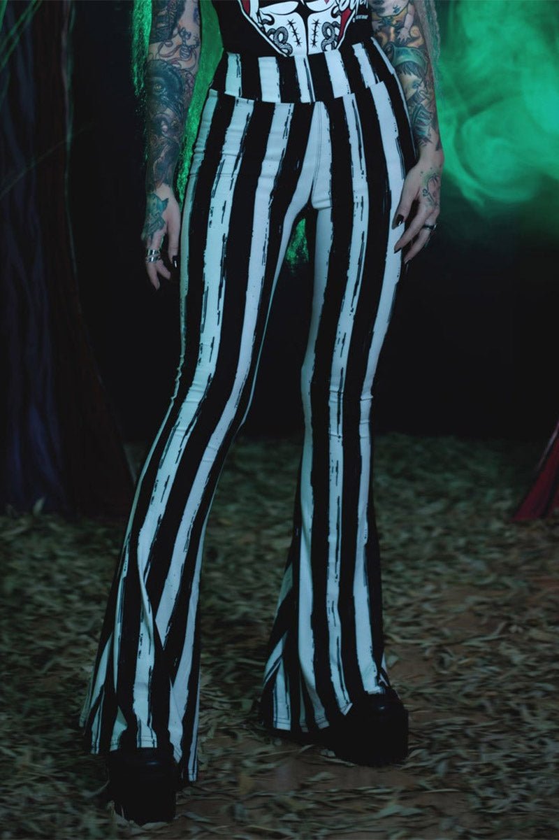 Black and White Striped Hellz Bellz Flares [BLACK/WHITE] - womens bottoms - VampireFreaks - Too Fast