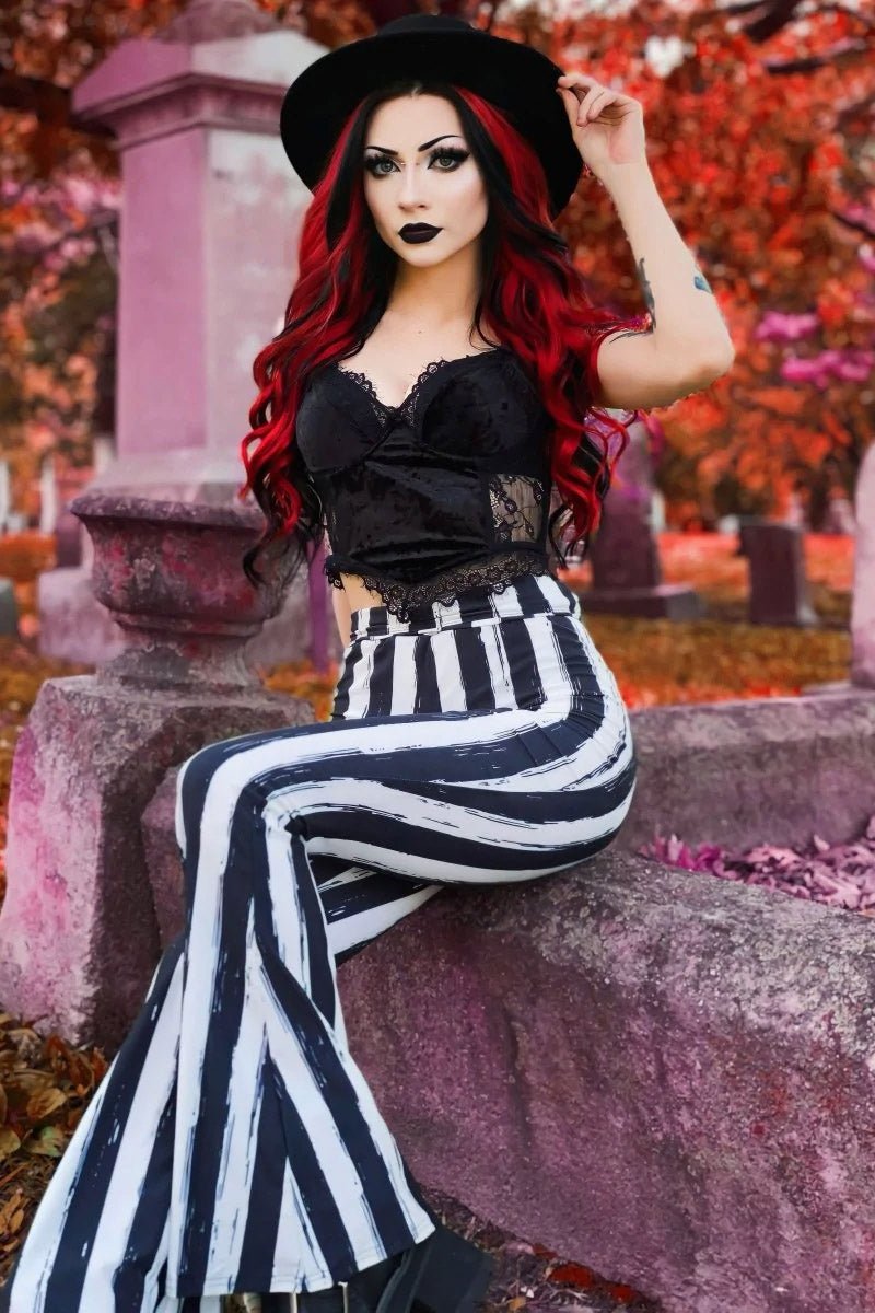 Black and White Striped Hellz Bellz Flares [BLACK/WHITE] - womens bottoms - VampireFreaks - Too Fast