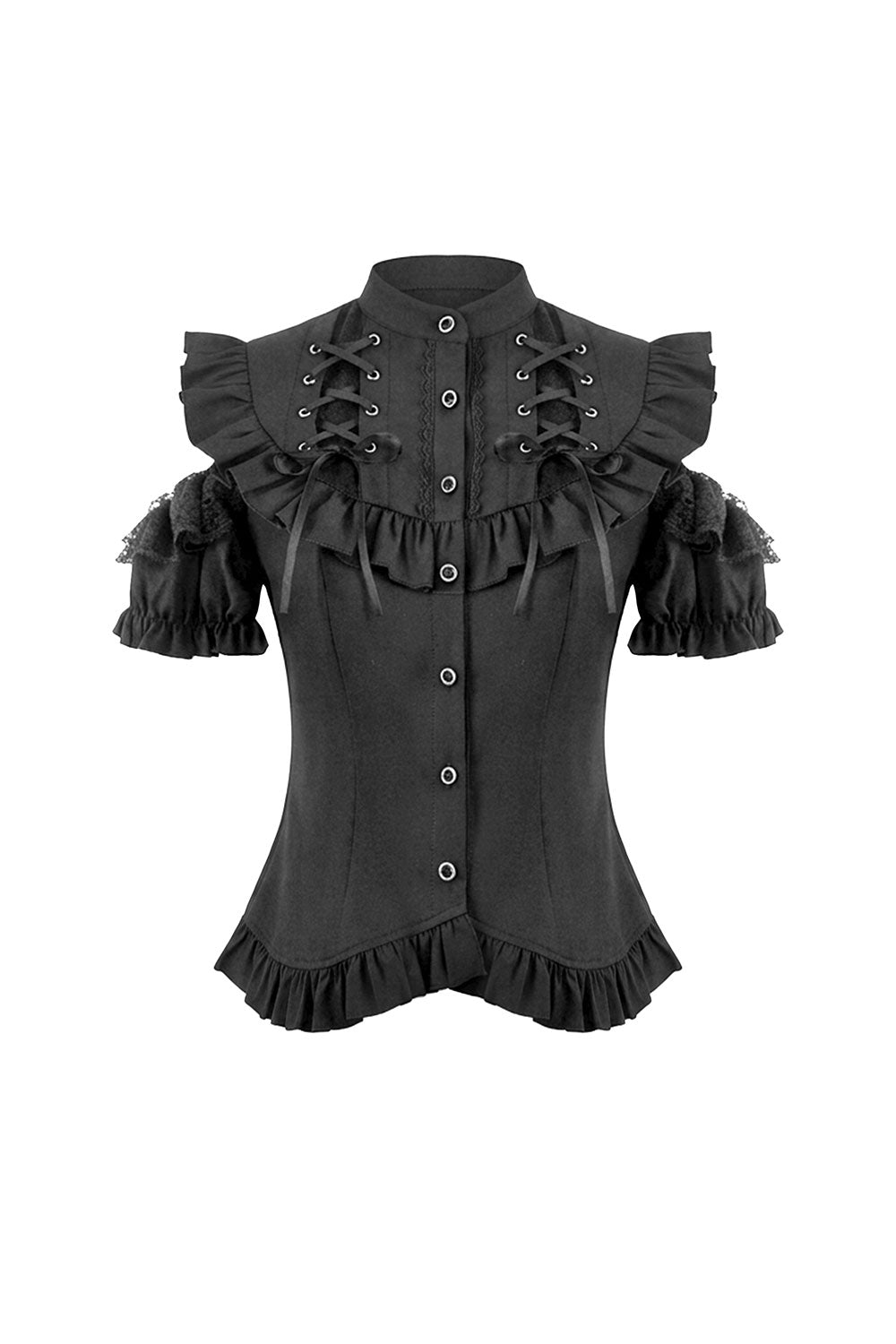 Goth fashion flattering womens black top with lace up ribbon shoulders