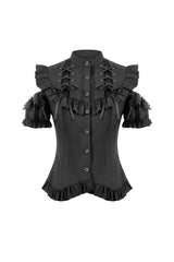Goth fashion flattering womens black top with lace up ribbon shoulders