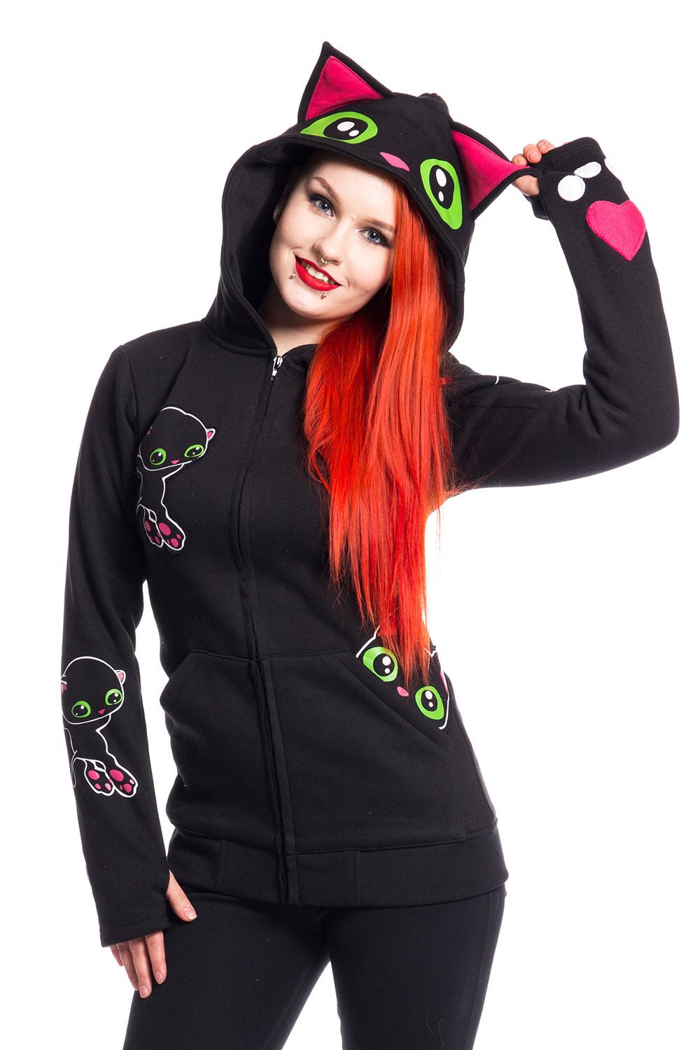 Black Cat Hoodie [BLACK] - womens outerwear - VampireFreaks - Poizen Industries