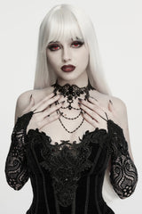 goth corset with scalloped strapless neckline matched with ornate floral applique for gorgeous detailing