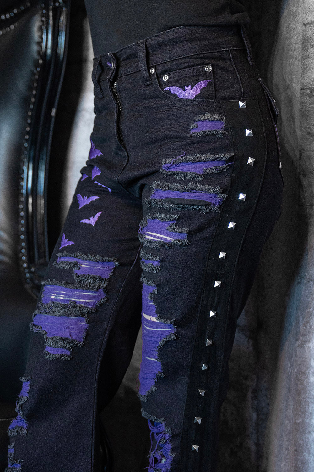 womens high-waisted emo jeans with embroidered bats 