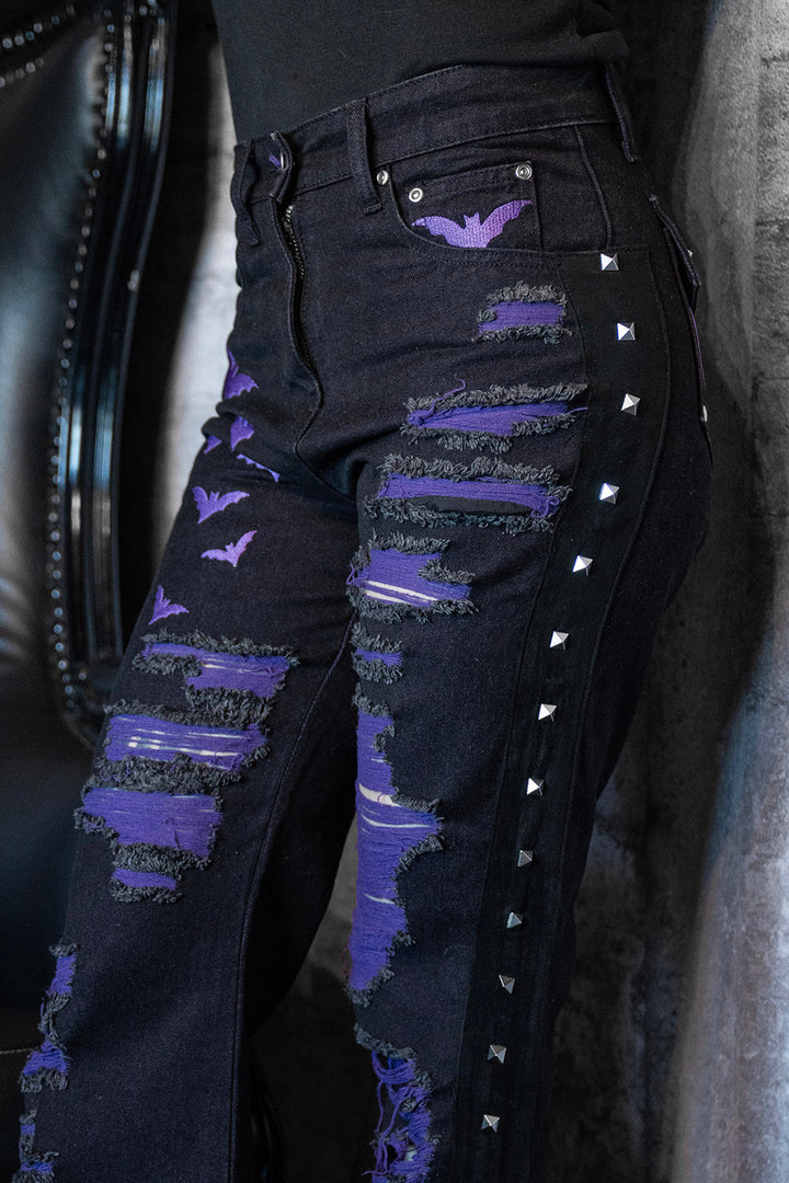 womens high-waisted emo jeans with embroidered bats 