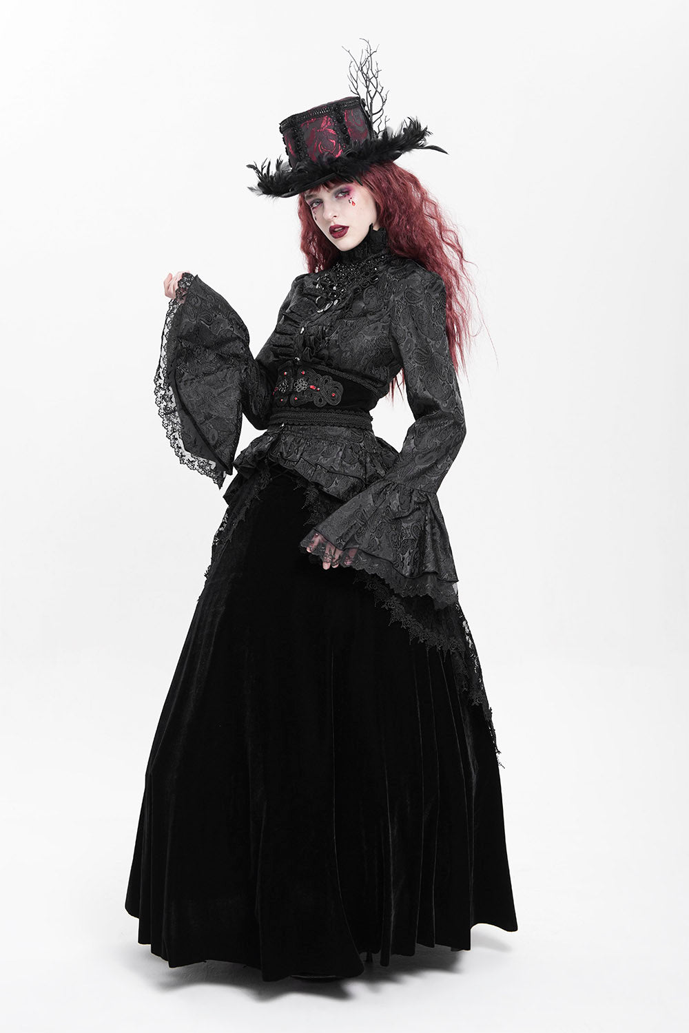 long sleeve high ruffle collar corset top by devil fashion
