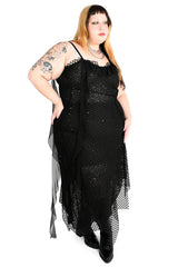Black fishnet dress for women with asymmetrical hem and adjustable straps