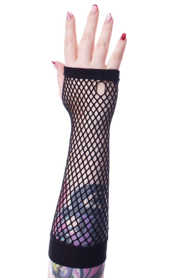 black grunge gothic fishnet gloves with pinky hole cutouts