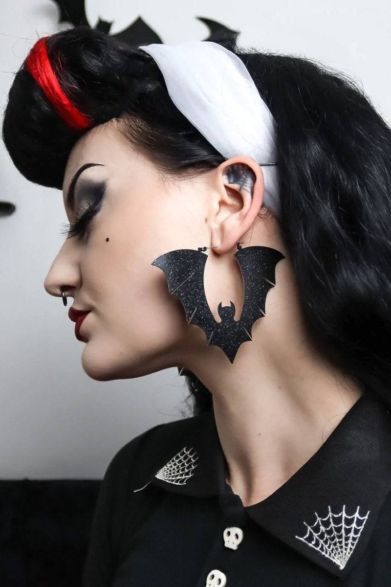 Black Glitter Halloween Bat Earrings - jewelry - VampireFreaks - Too Fast