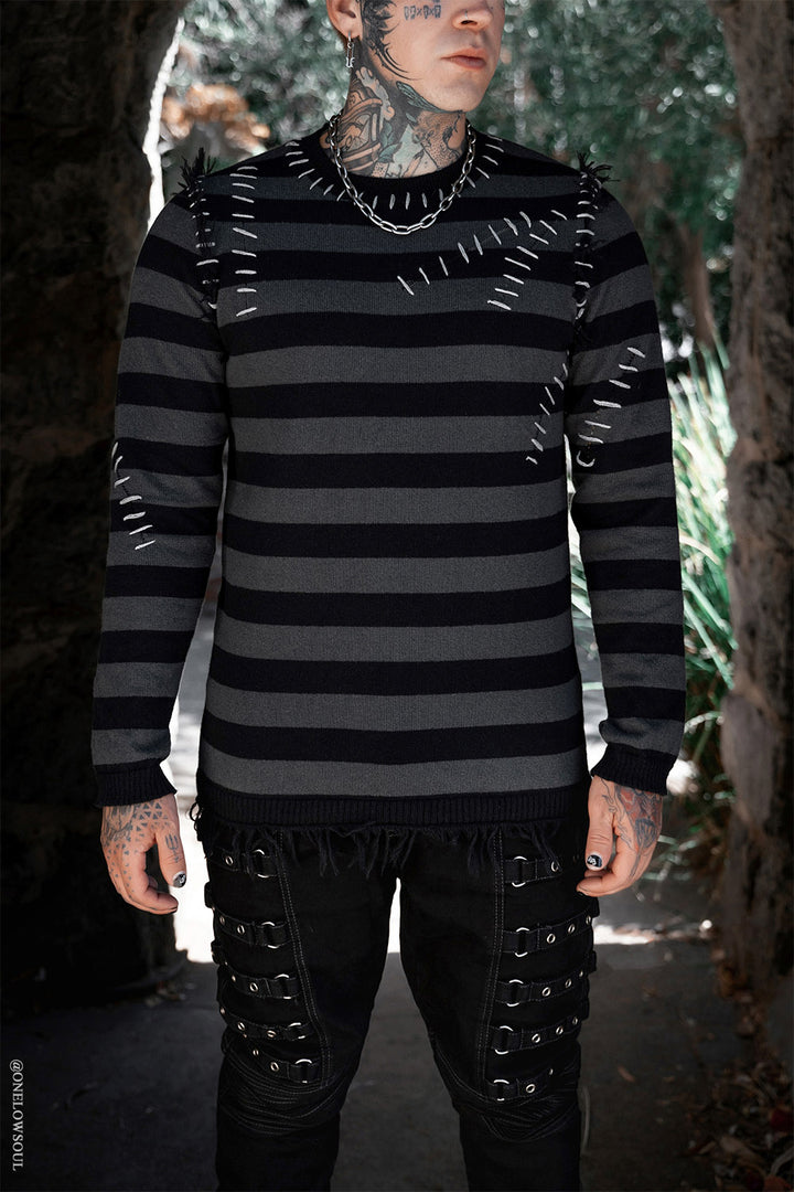 gothic sweater with white exposed stitches 