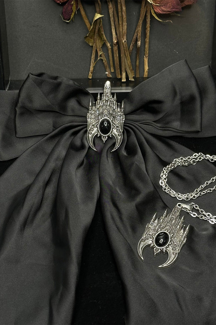 oversized big black satin gothic cathedral hair bow  and matching necklace