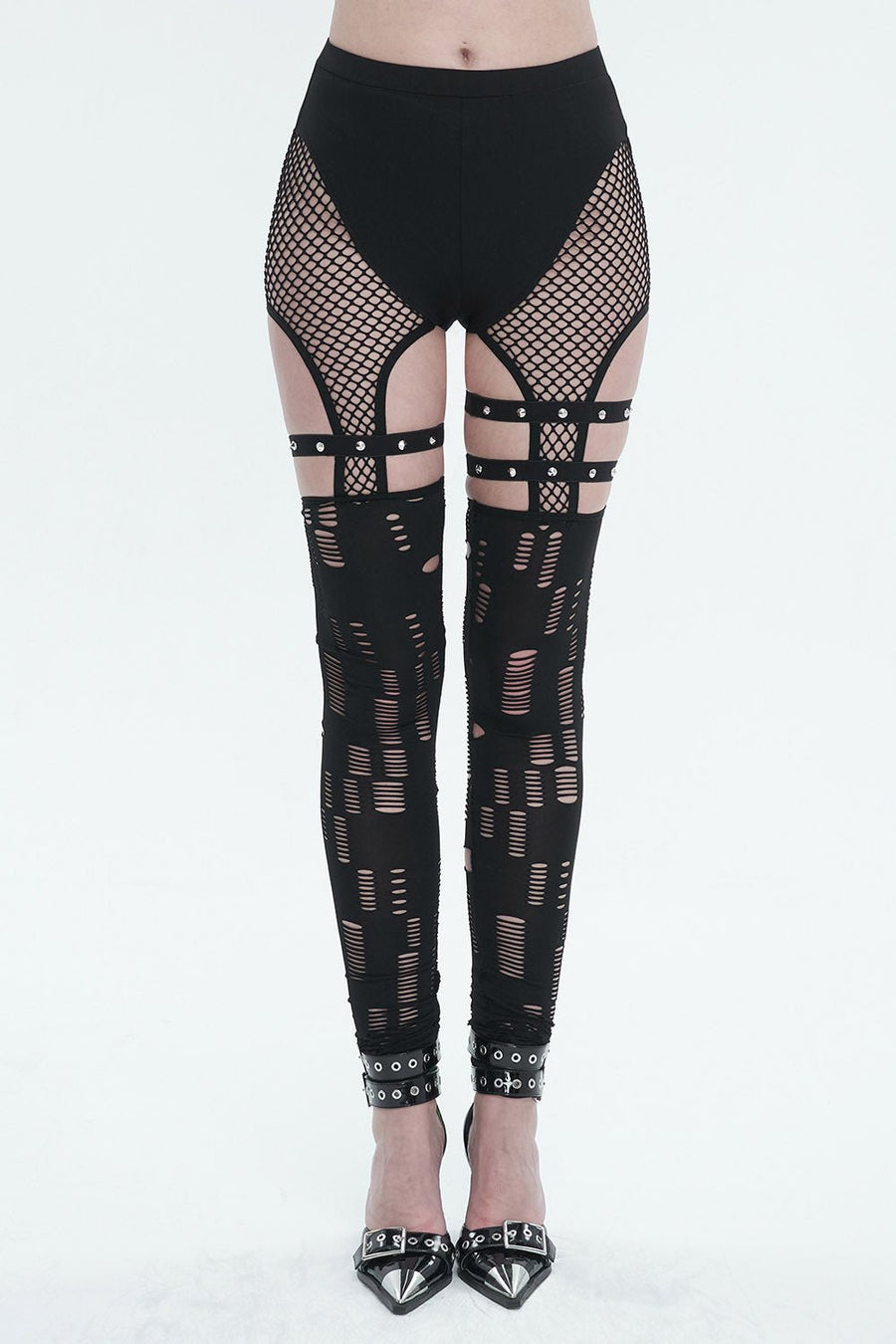 Black Mourn Garter Leggings - womens bottoms - VampireFreaks - Devil Fashion