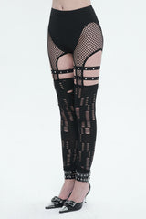 Black Mourn Garter Leggings - womens bottoms - VampireFreaks - Devil Fashion