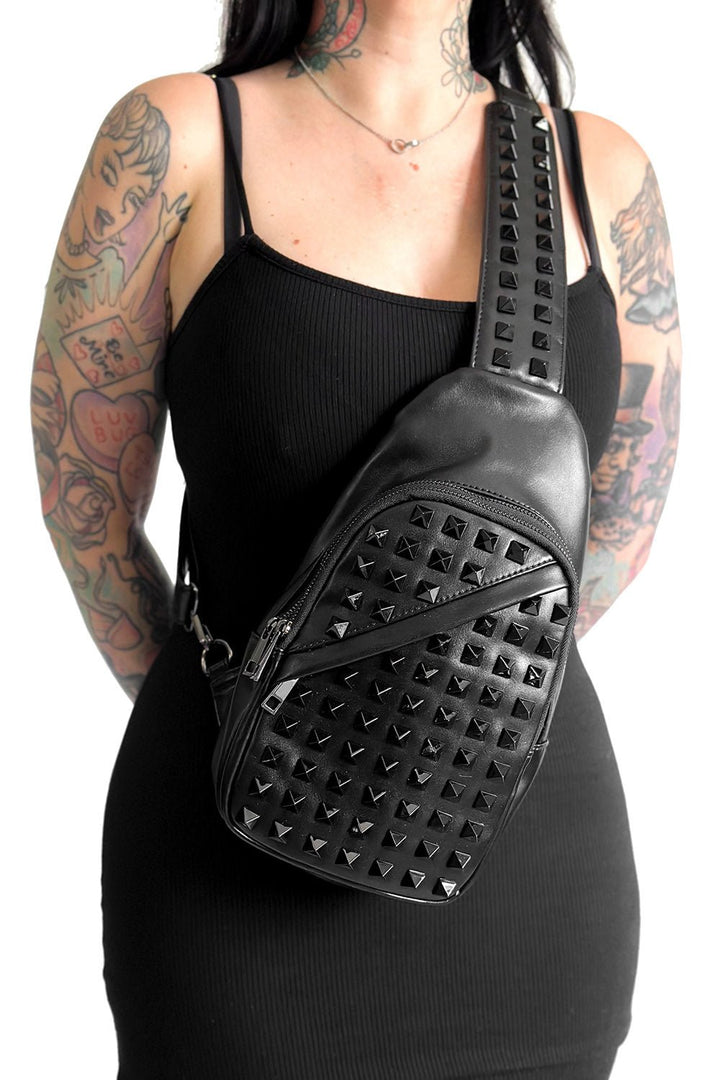 Black on Black Studded Sling Bag - bags & wallets - VampireFreaks - Foxblood