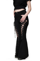 black pants with lace-up corset style leg, button closure, pockets