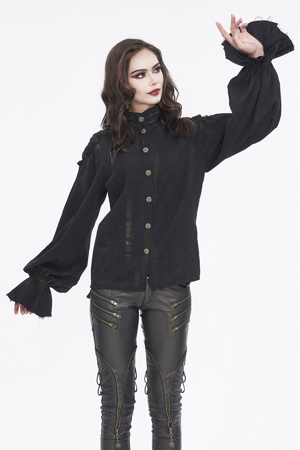 black and brown long sleeve high collar pirate blouse  for women