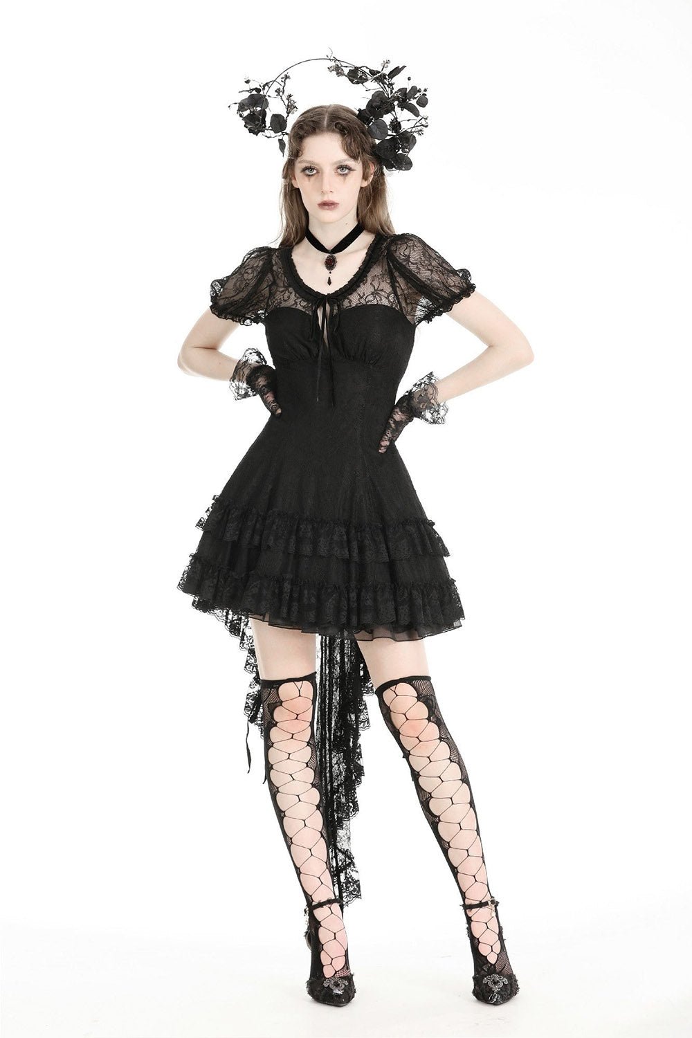 Black Porcelain Babydoll Dress with Train