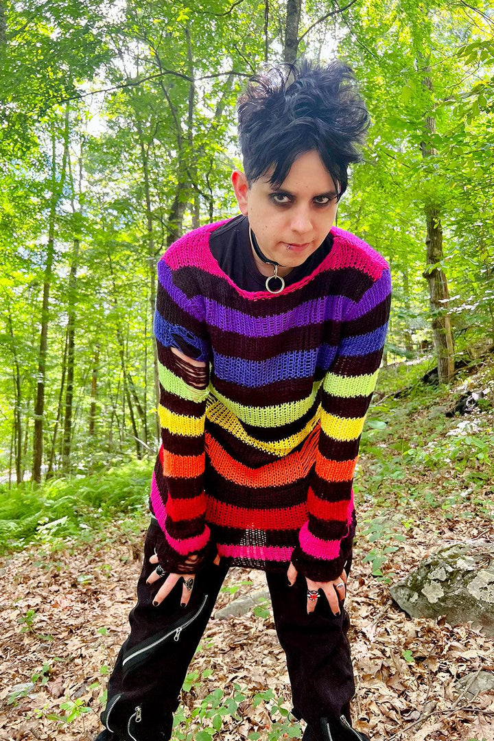 Black Rainbow Striped Distressed Sweater - mens outerwear - VampireFreaks - Catalyst