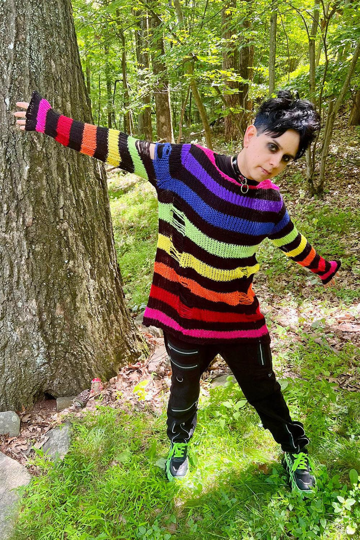 Black Rainbow Striped Distressed Sweater - mens outerwear - VampireFreaks - Catalyst