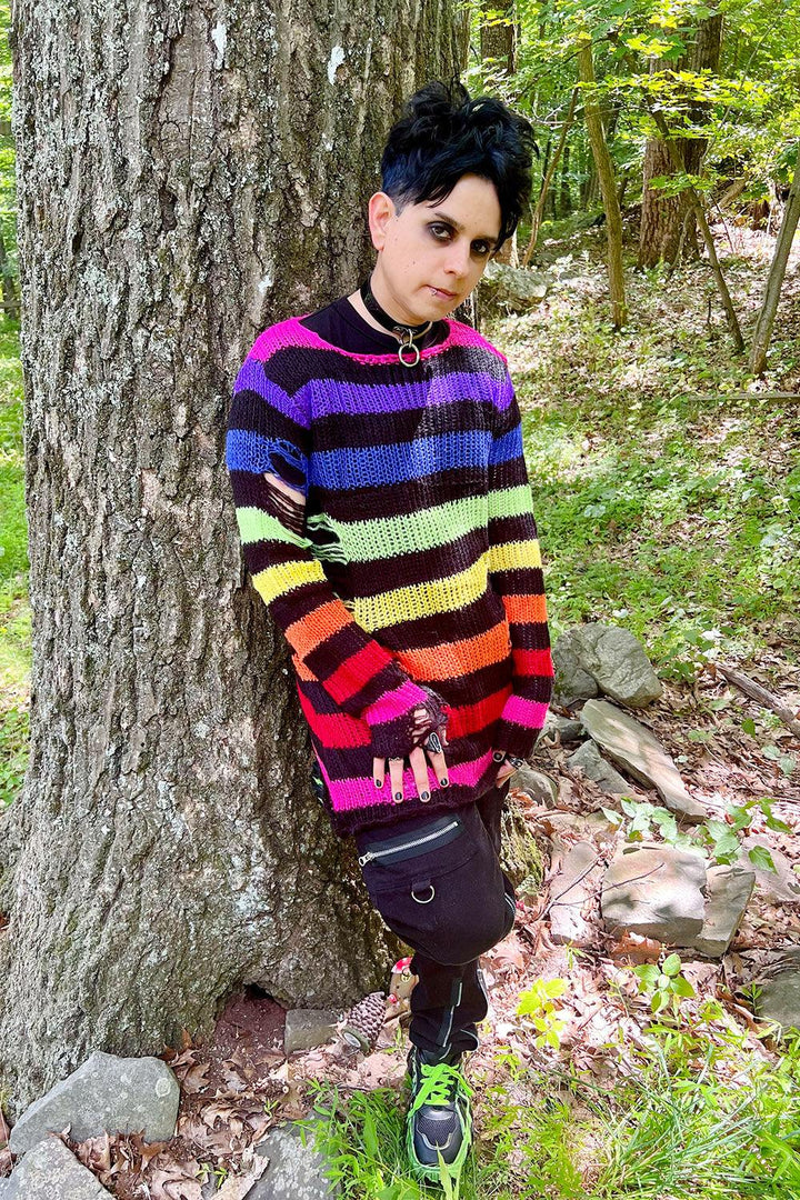 Black Rainbow Striped Distressed Sweater - mens outerwear - VampireFreaks - Catalyst