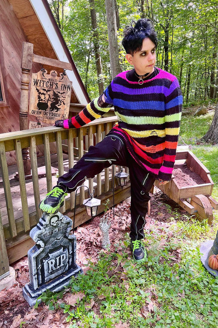 Black Rainbow Striped Distressed Sweater - mens outerwear - VampireFreaks - Catalyst