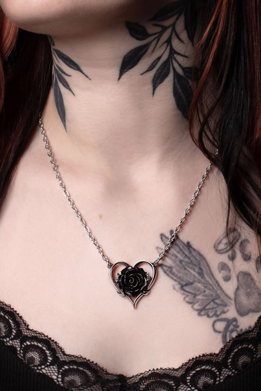black heart-shaped rose necklace by alchemy gothic