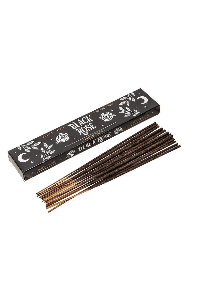 Incense sticks with packaging labeled 'Black Rose' on a white background