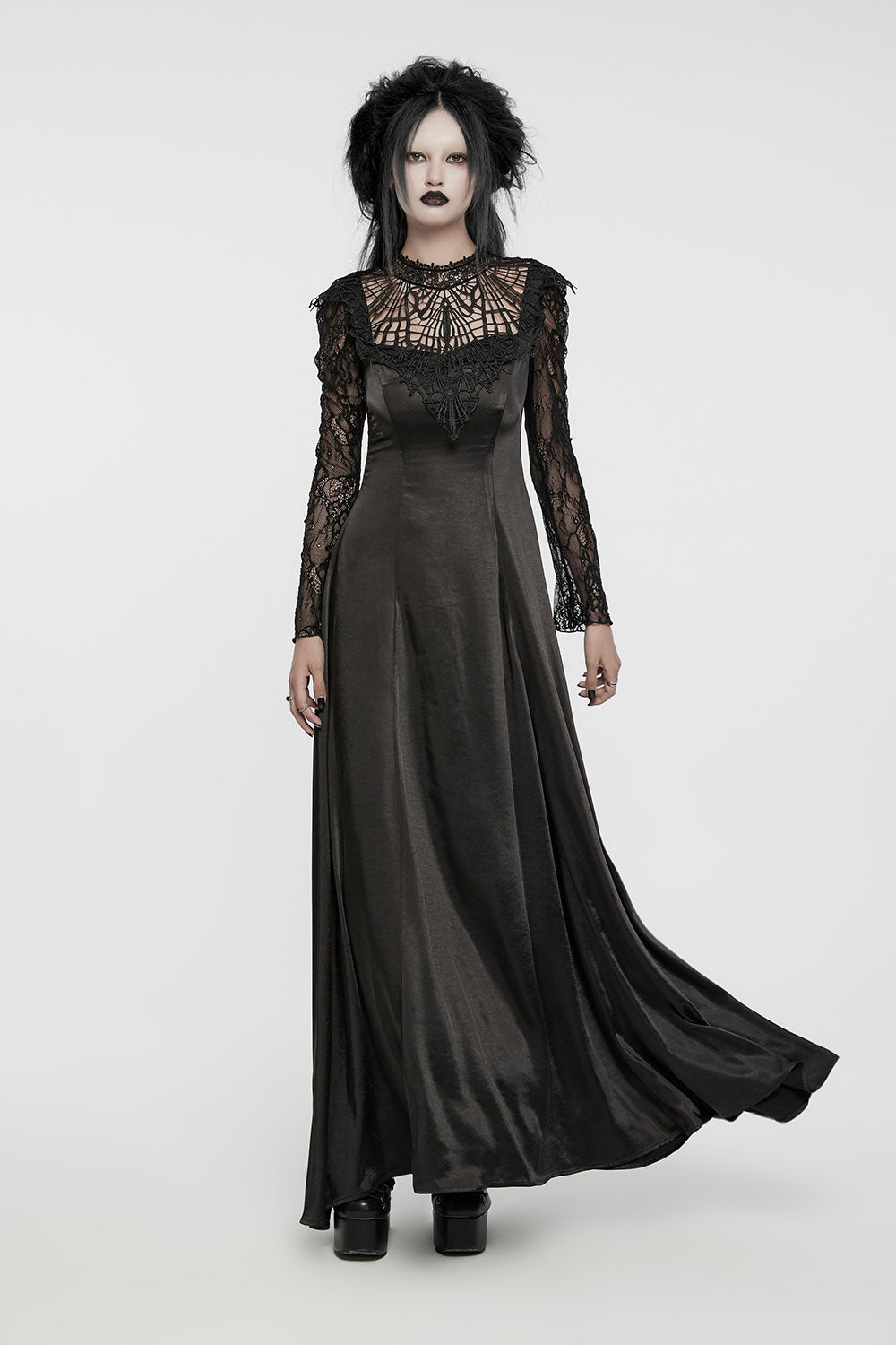 embroidered neck collar black satin dress