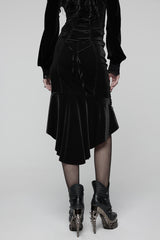 embroidered black velvet leg slit skirt