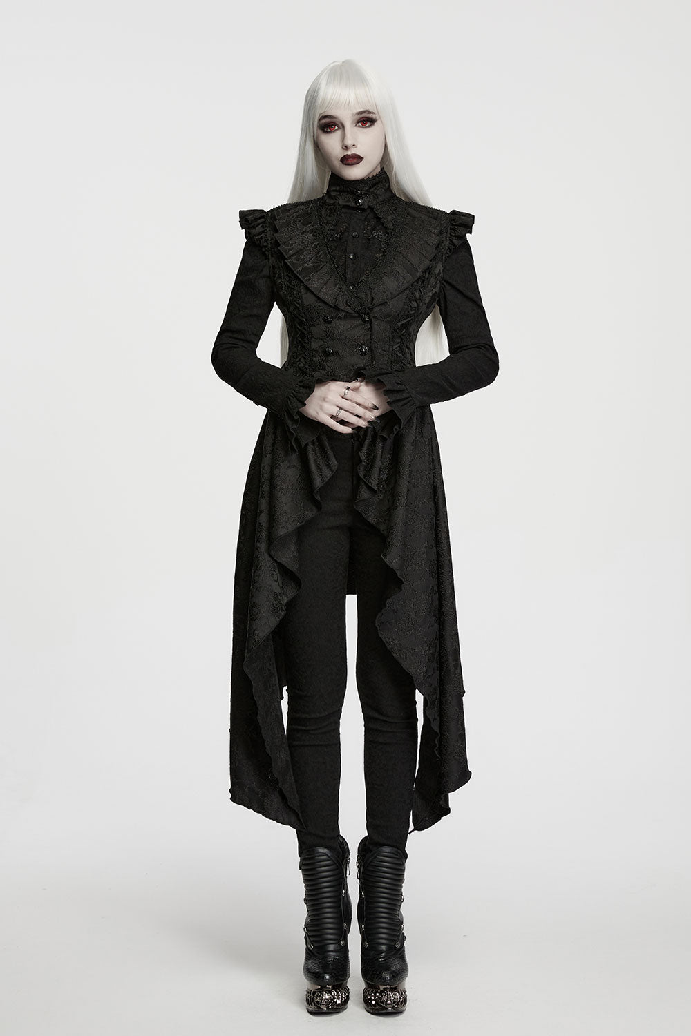 goth punk womens vest with high neckline adorned with intricate lace detailing and ruffles