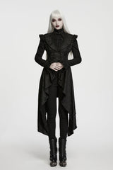 goth punk womens vest with high neckline adorned with intricate lace detailing and ruffles