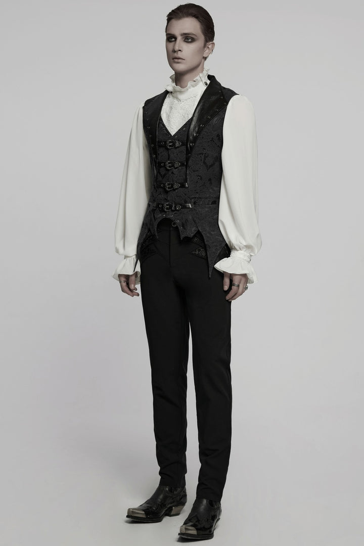 mens steampunk black vegan leather damask deep v-neckline vest waistcoat