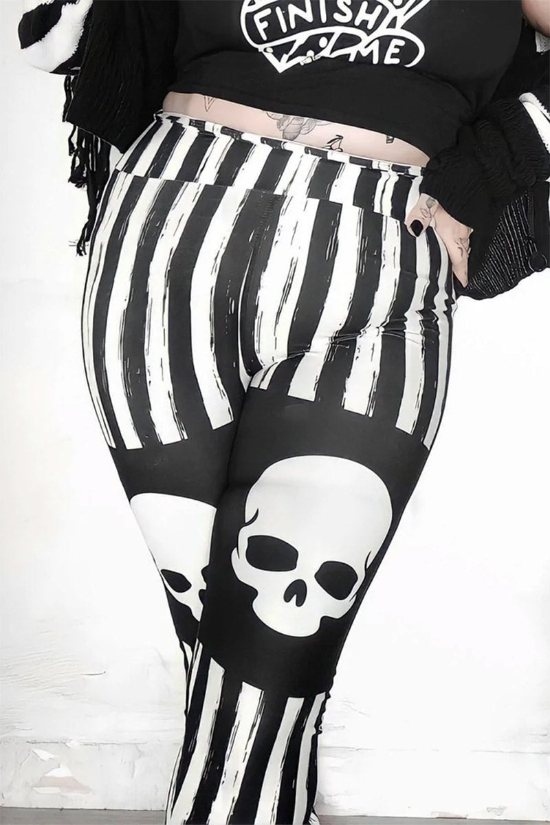 Black & White Striped Skull Leggings - womens bottoms - VampireFreaks - Too Fast