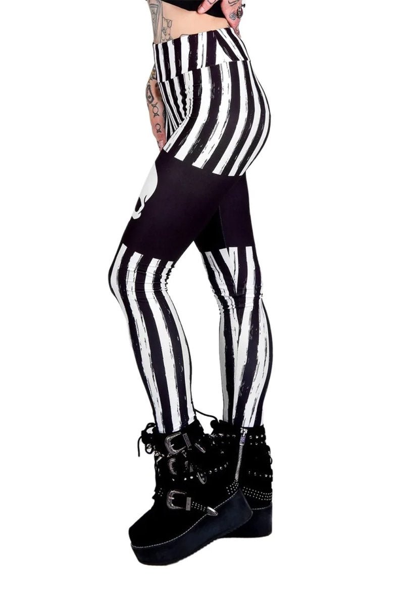 Black & White Striped Skull Leggings - womens bottoms - VampireFreaks - Too Fast