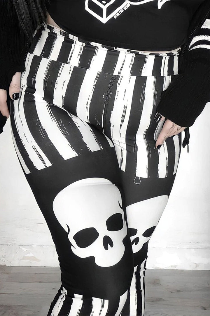 Black & White Striped Skull Leggings - womens bottoms - VampireFreaks - Too Fast