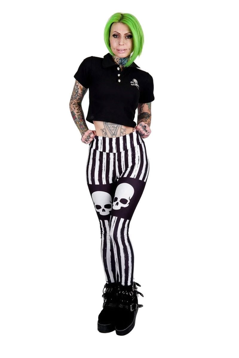 Black & White Striped Skull Leggings - womens bottoms - VampireFreaks - Too Fast