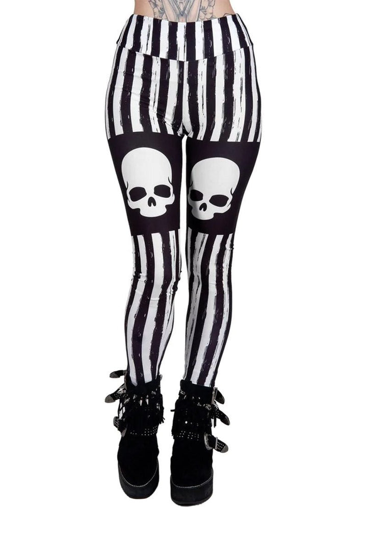 Black & White Striped Skull Leggings - womens bottoms - VampireFreaks - Too Fast