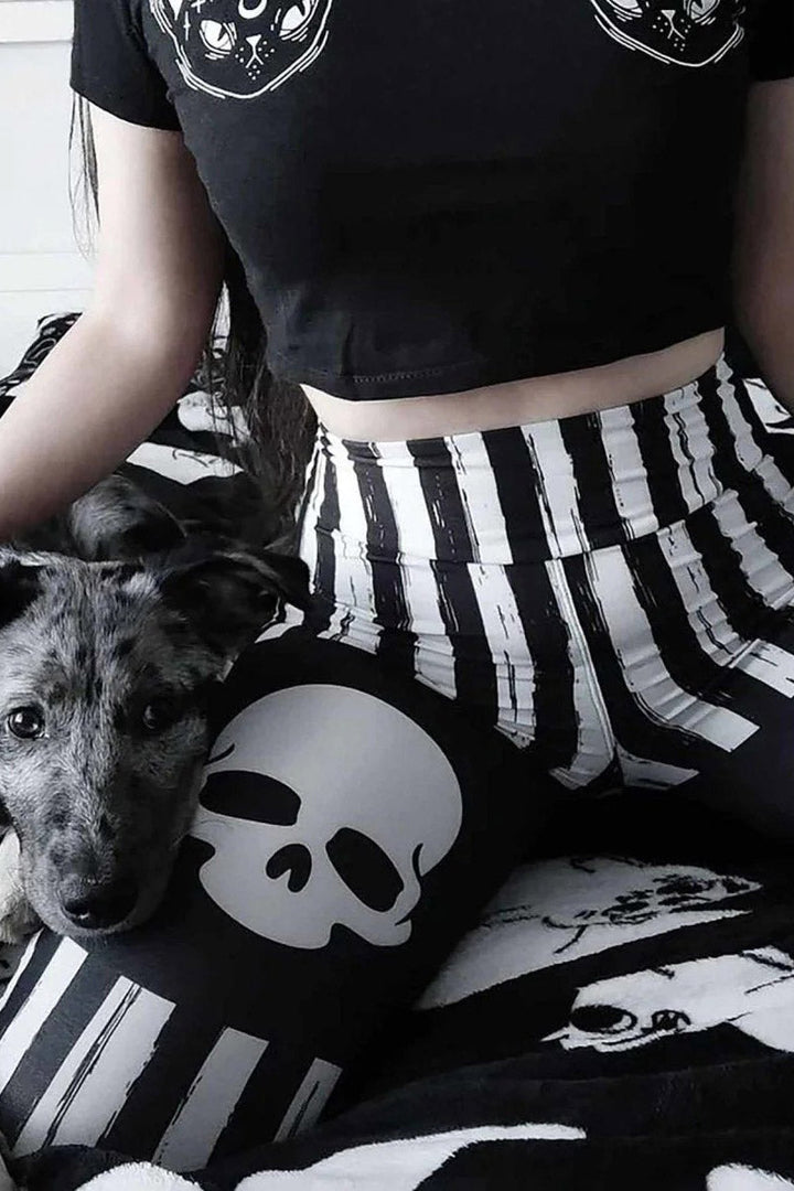 Black & White Striped Skull Leggings - womens bottoms - VampireFreaks - Too Fast